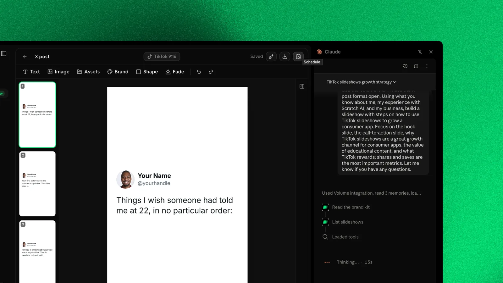 The X post template open in the editor while Claude, in a side panel, works through the request using the Volume integration