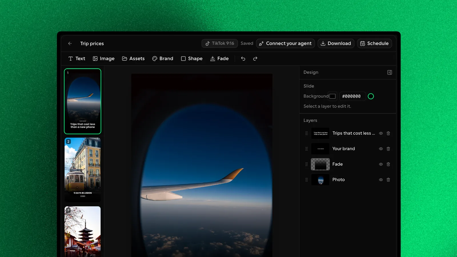 A travel slideshow in the editor: the toolbar across the top, the slide list on the left, and the Design panel with the slide background and its four layers on the right