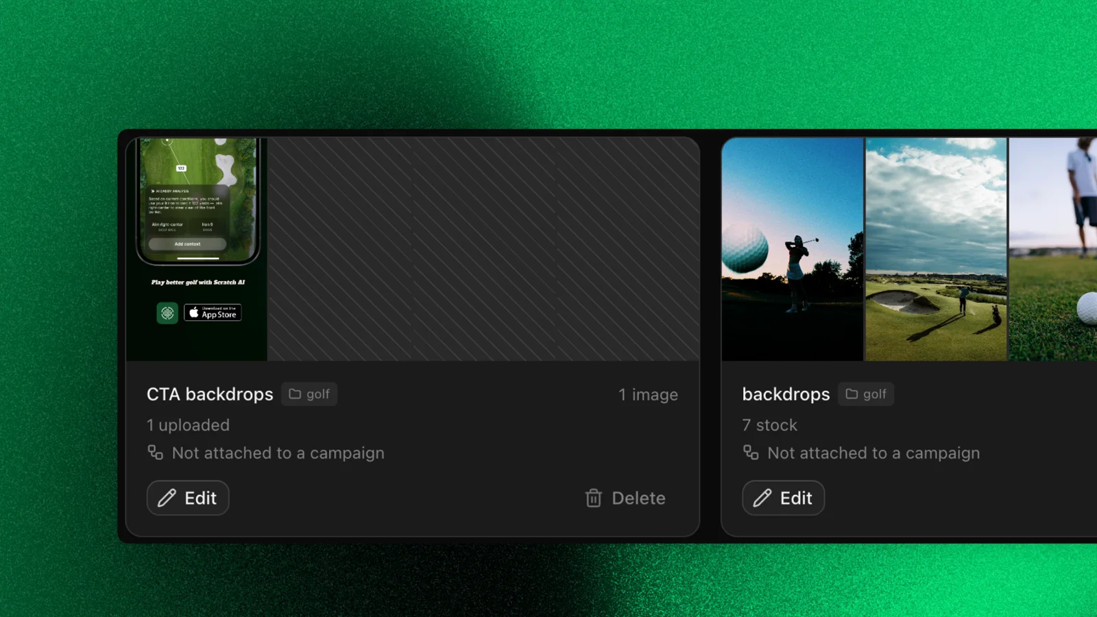 Two libraries: CTA backdrops with an app shot, and stock golf backdrops