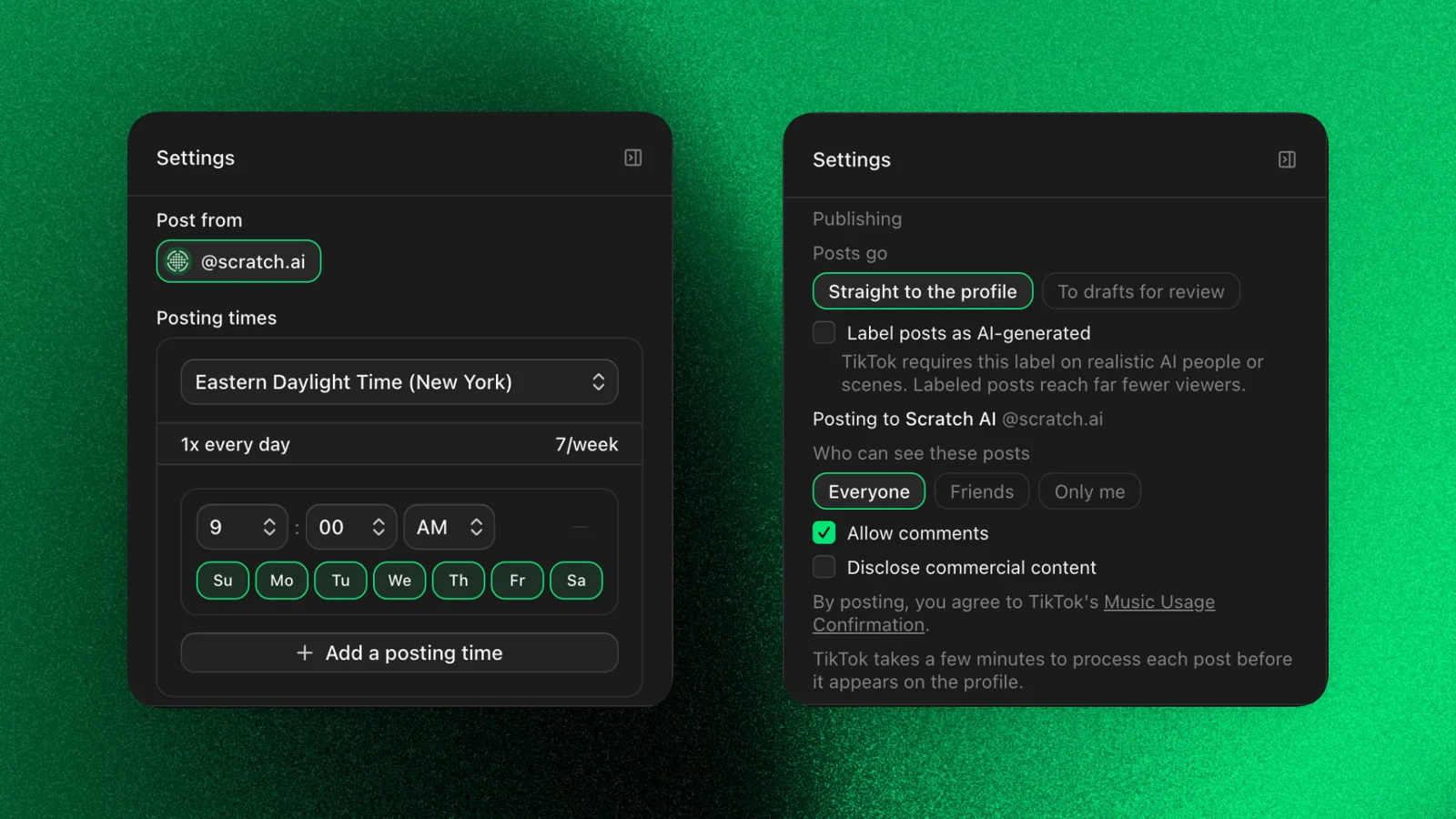 The settings panel: the account, posting times, and publishing